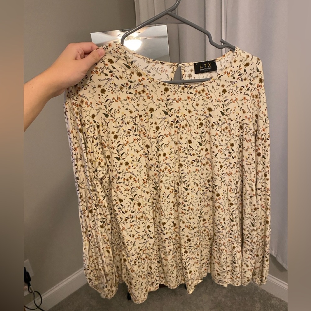 LTX long sleeve blouse, small/medium, cream with floral design